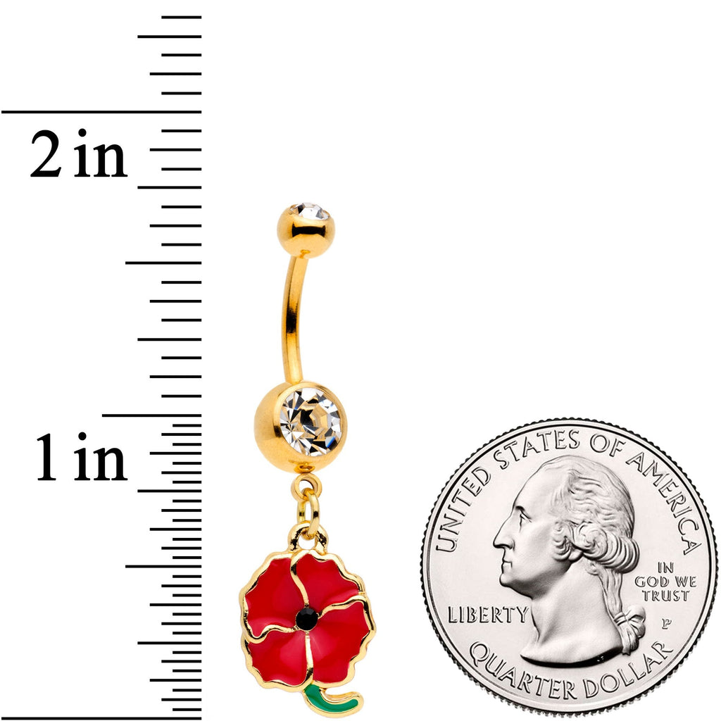 Clear Gem Gold Tone Powerful Poppy Flower Dangle Belly Ring