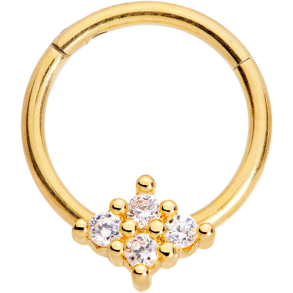 16G 3/8 Clear CZ Gem Gold Tone Quad Rhombus Hinged Segment Ring