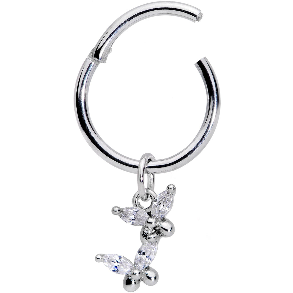 16G 3/8 Clear CZ Gem Fluttering Butterflies Hinged Segment Ring