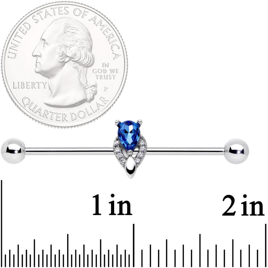 14G Clear Blue Teardrop Gem Art Deco Industrial Barbell 38mm