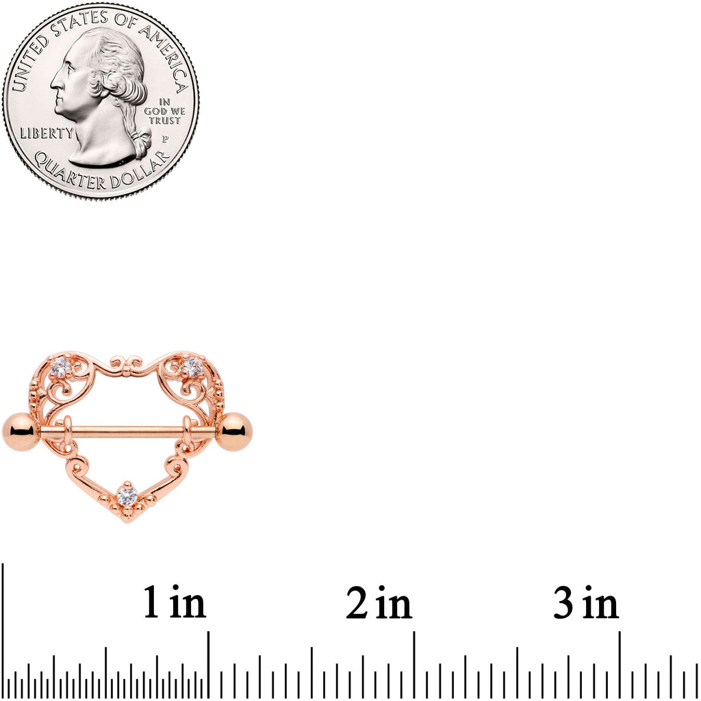 14G 9/16 Clear CZ Gem Rose Gold Tone Open Heart Nipple Shield Set