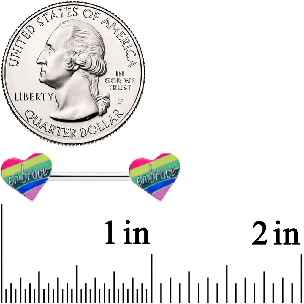 14G 5/8 Rainbow Embrace Pride Heart Barbell Nipple Ring Set