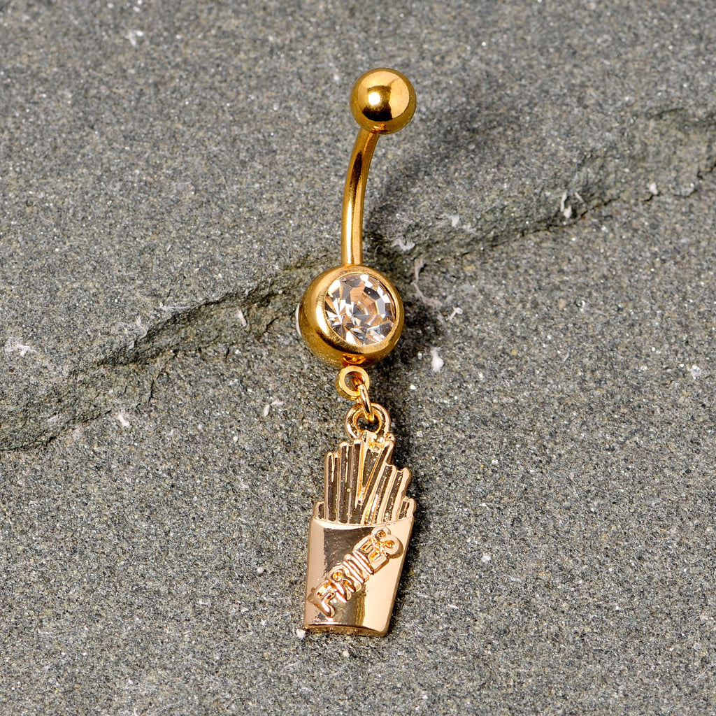 Clear Gem Gold Tone Fast Food French Fries Dangle Belly Ring