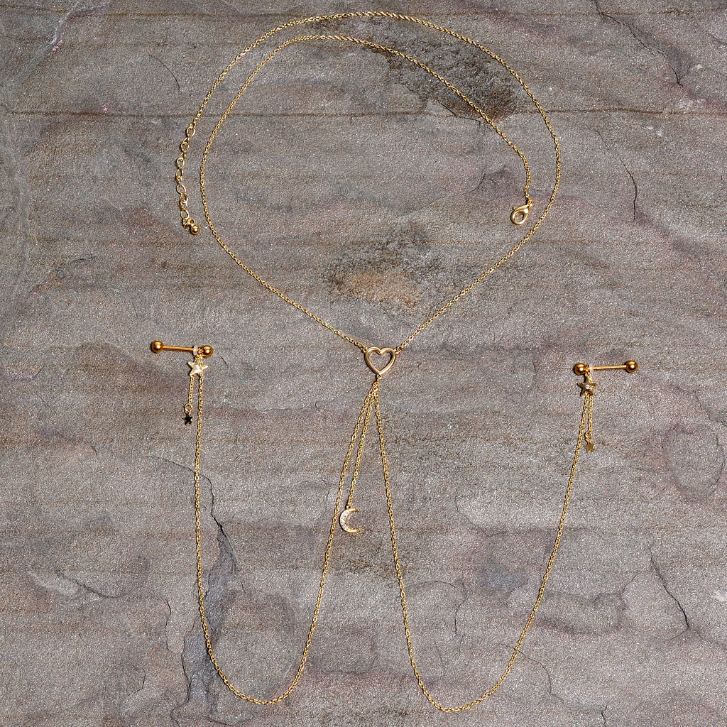 14G 5/8 Clear Gem Gold Tone Heart Star Nipple Chain Necklace