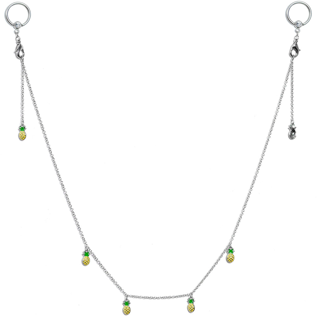 14G 9/16 Clear Gem Pineapple BCR Captive Ring Dangle Nipple Chain