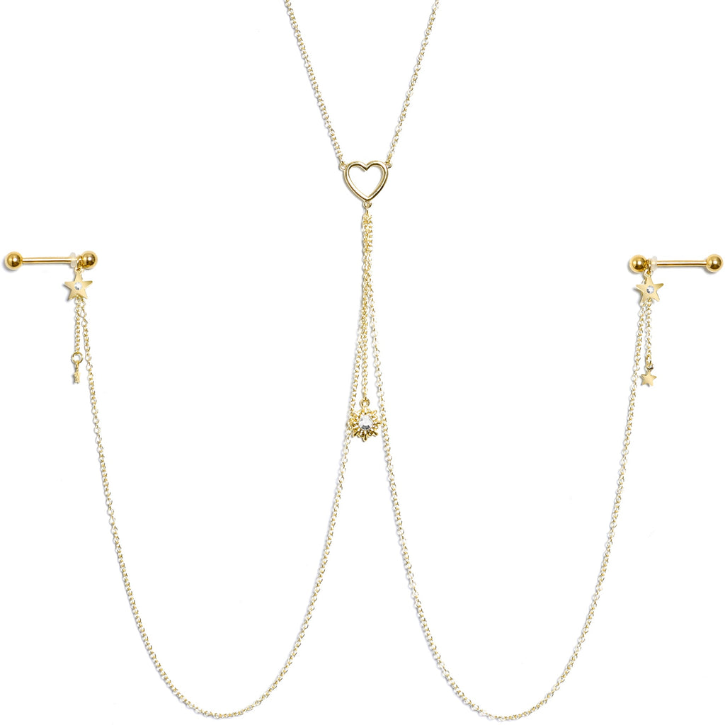 14G 5/8 Clear Gem Gold Tone Sun Heart Star Nipple Chain Necklace