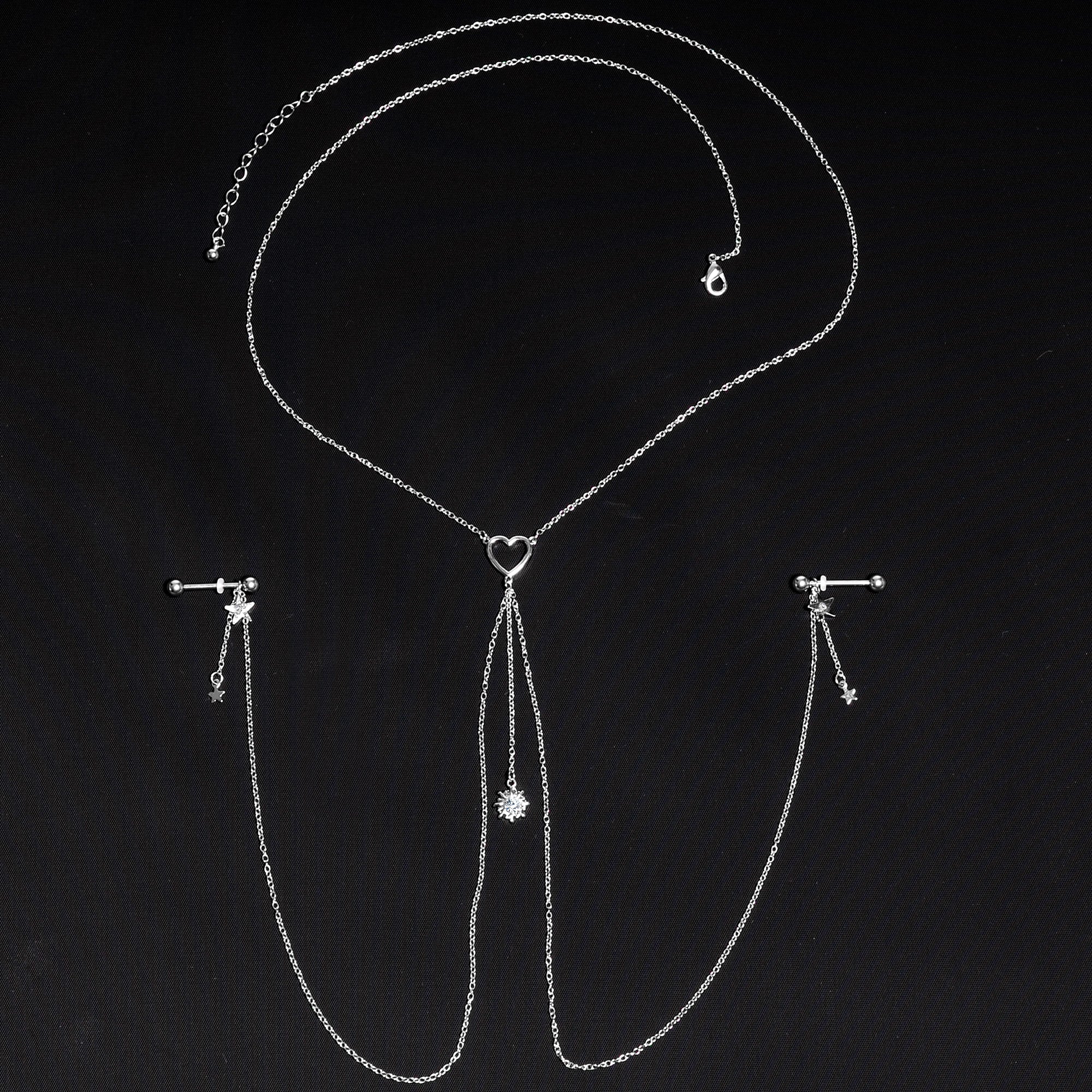 14G 5/8 Clear Gem Sun Heart Star Nipple Chain Necklace