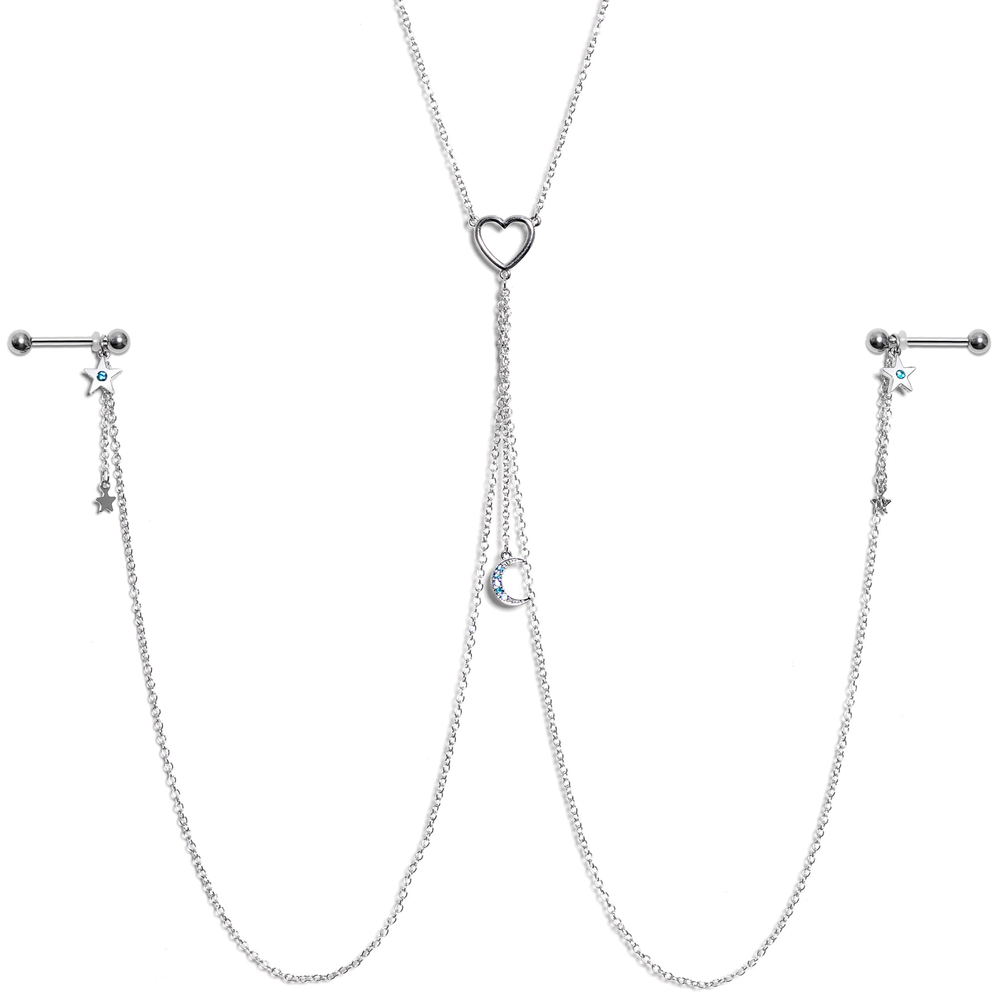 14G 5/8 Blue Gem Moon Heart Star Nipple Chain Necklace