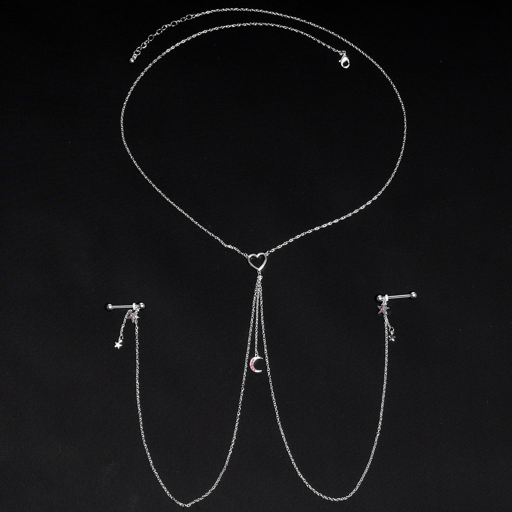 14G 5/8 Pink Gem Moon Heart Star Nipple Chain Necklace