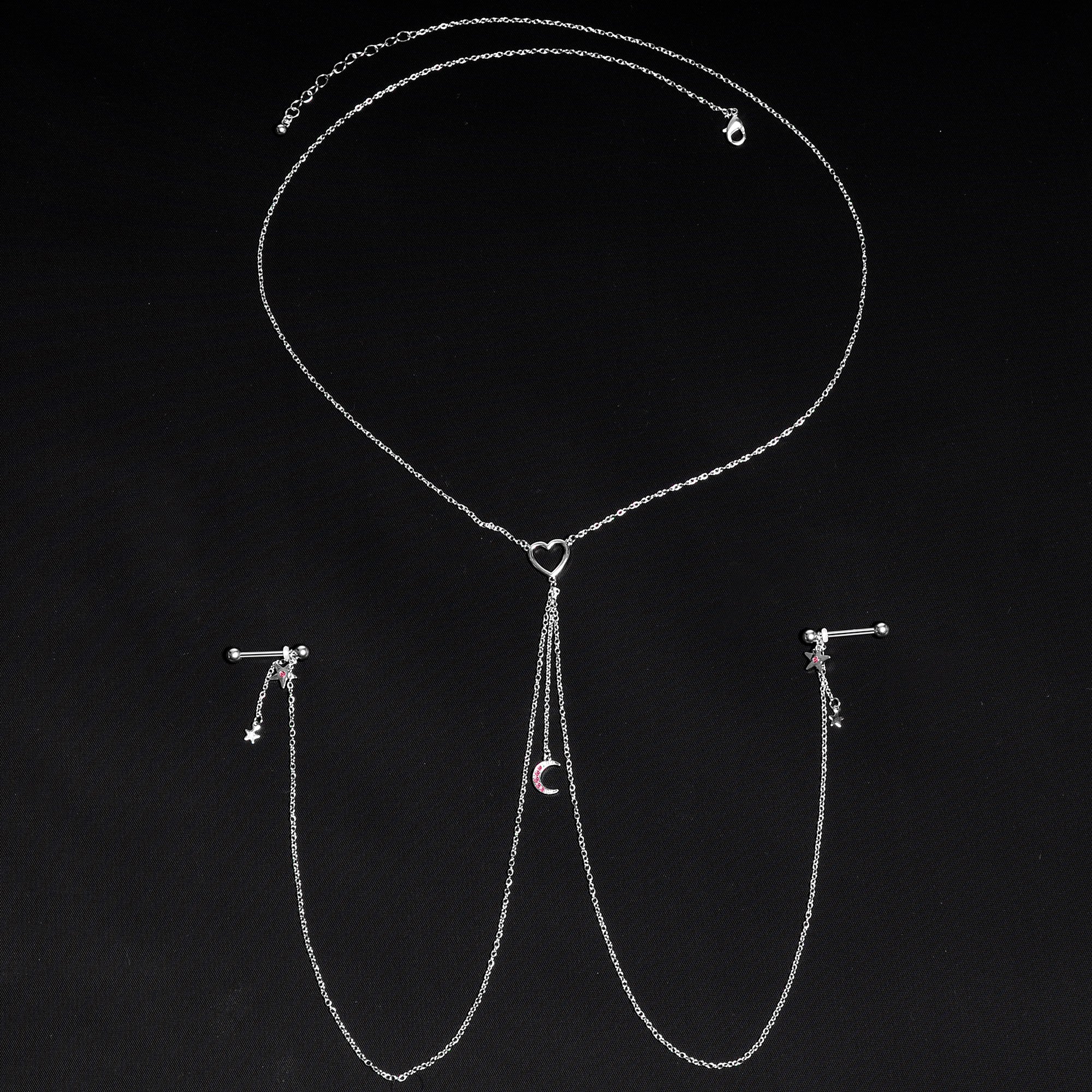 14G 5/8 Pink Gem Moon Heart Star Nipple Chain Necklace
