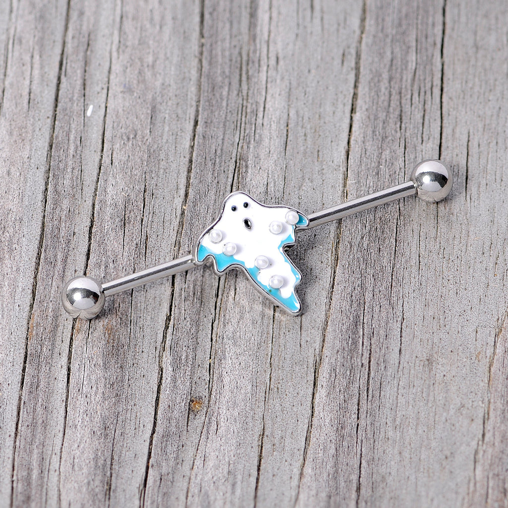 14G White Orb Ghost Halloween Industrial Barbell 38mm