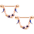 14G 9/16 Rose Gold Tone Bluebird Flower Dangle Nipple Ring Set