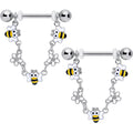 14G 5/8 Little Bees Flowers Dangle Barbell Nipple Ring Set