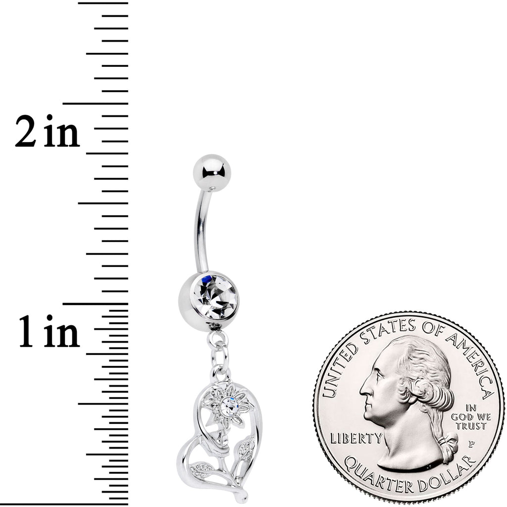Clear Gem Blossoming Heart Flower Dangle Belly Ring