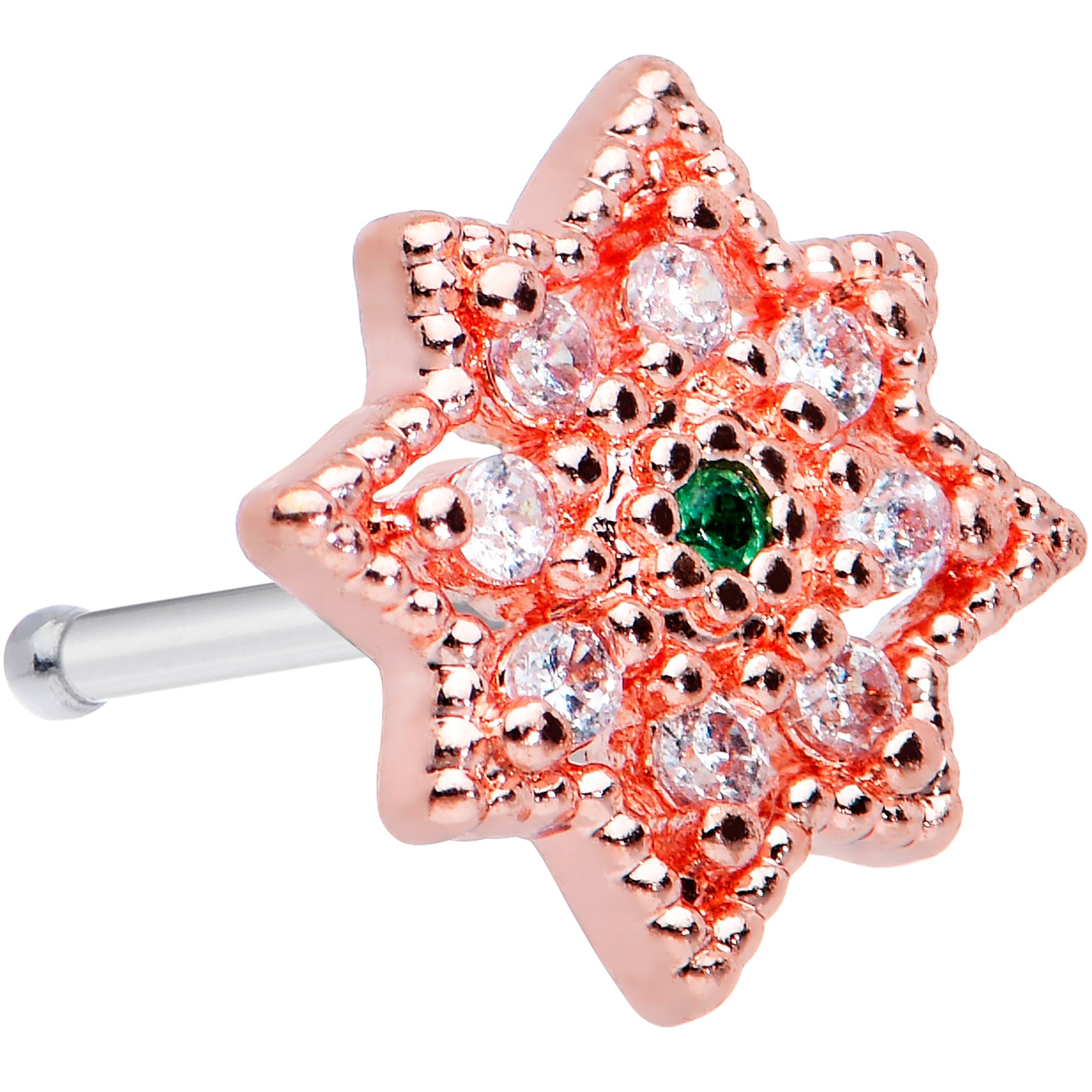 20G 1/4 Green Gem Rose Gold Tone Evening Star Nose Bone