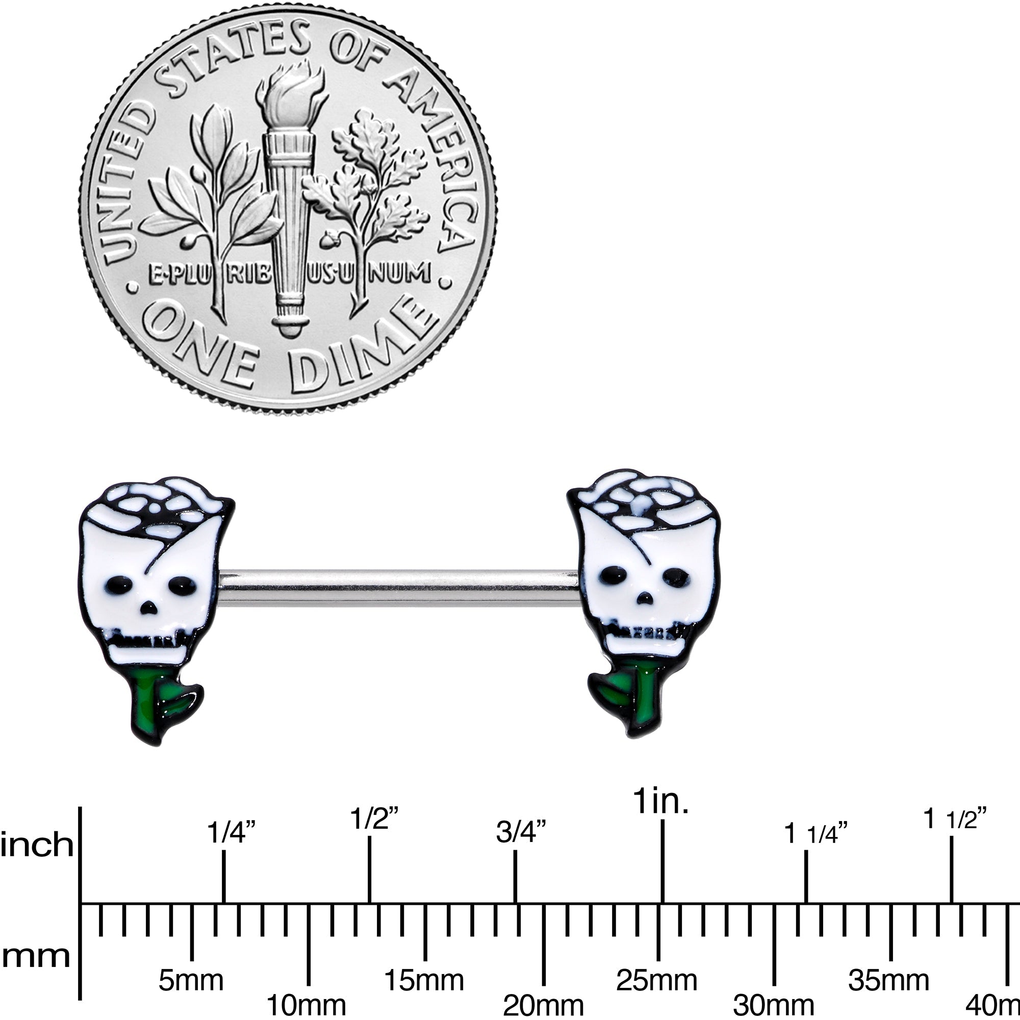 14G 9/16 Skull White Roses Valentine Barbell Nipple Ring Set