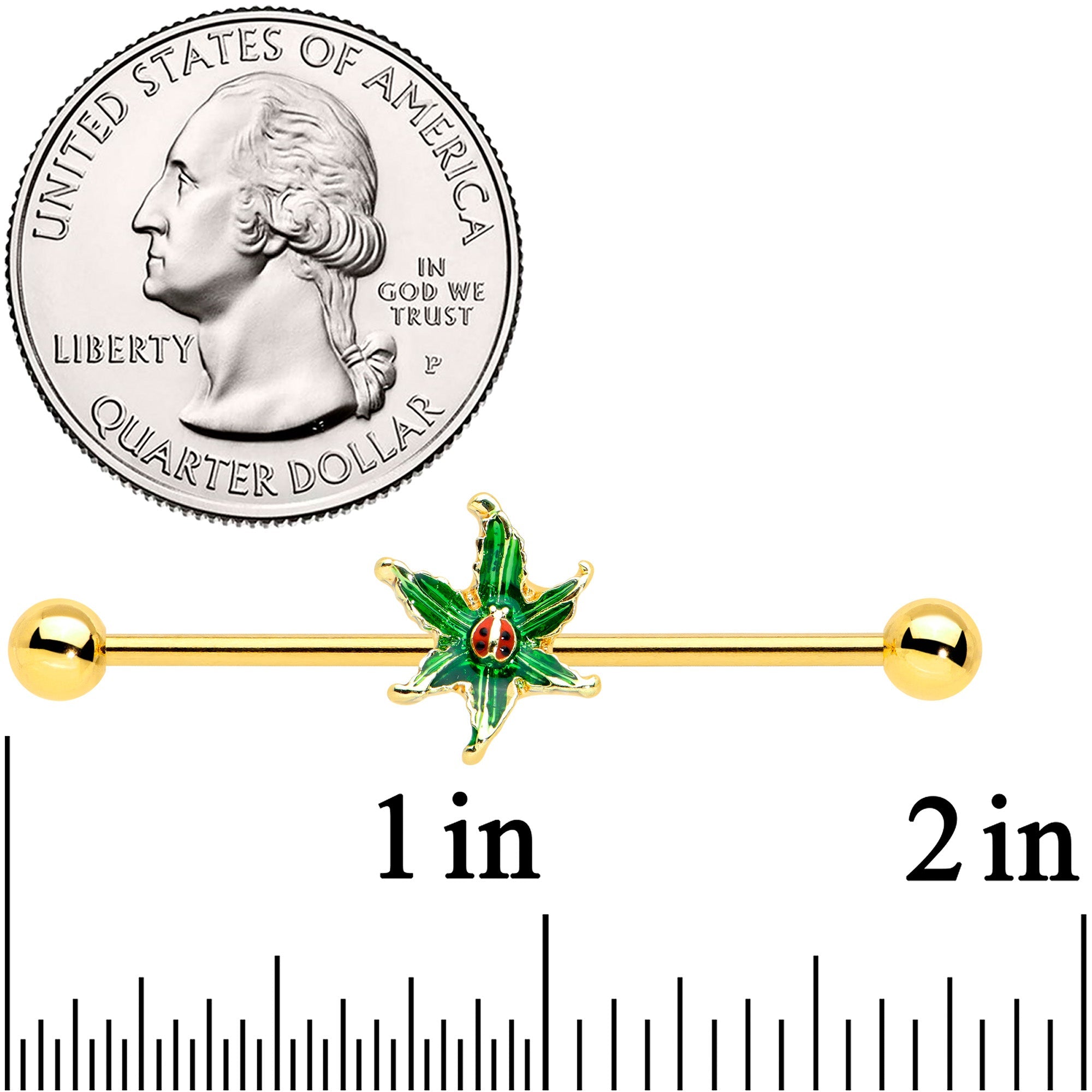 14G Gold Tone Tiny Ladybug Leaves Industrial Barbell 38mm