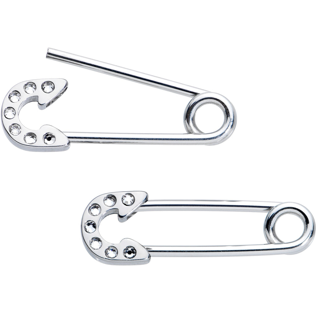 14G 3/4 Clear Gem Punk Rock Safety Pin Barbell Nipple Ring Set