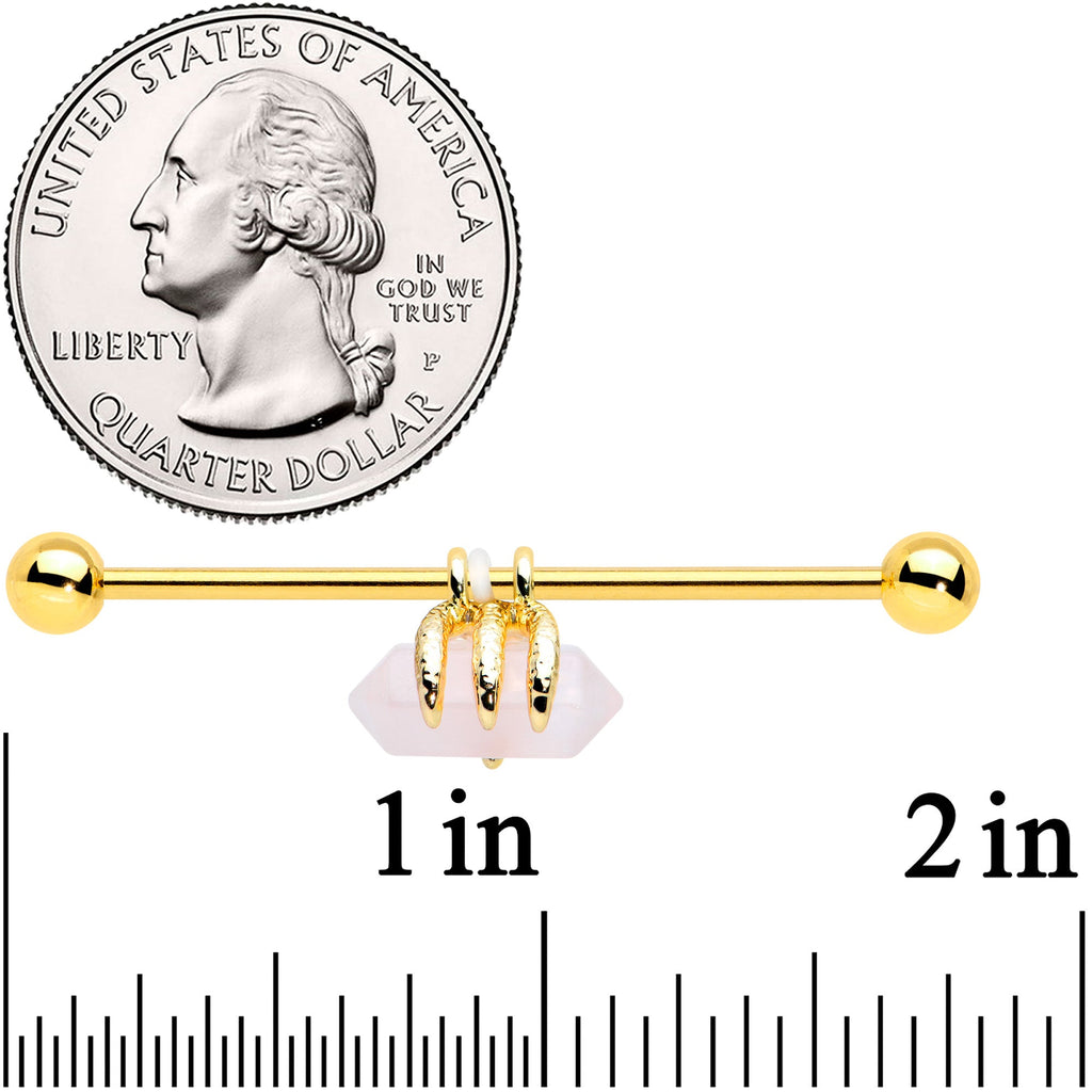 14G Pink Rose Quartz Gold Tone Claw Industrial Barbell 38mm