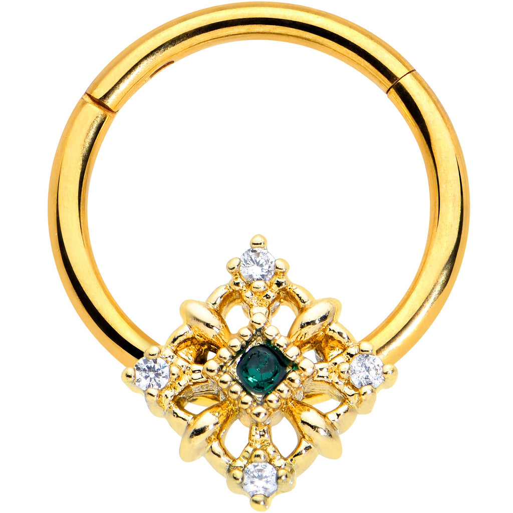 16G 3/8 Clear Green Gem Gold Hue Noble Square Hinged Segment Ring