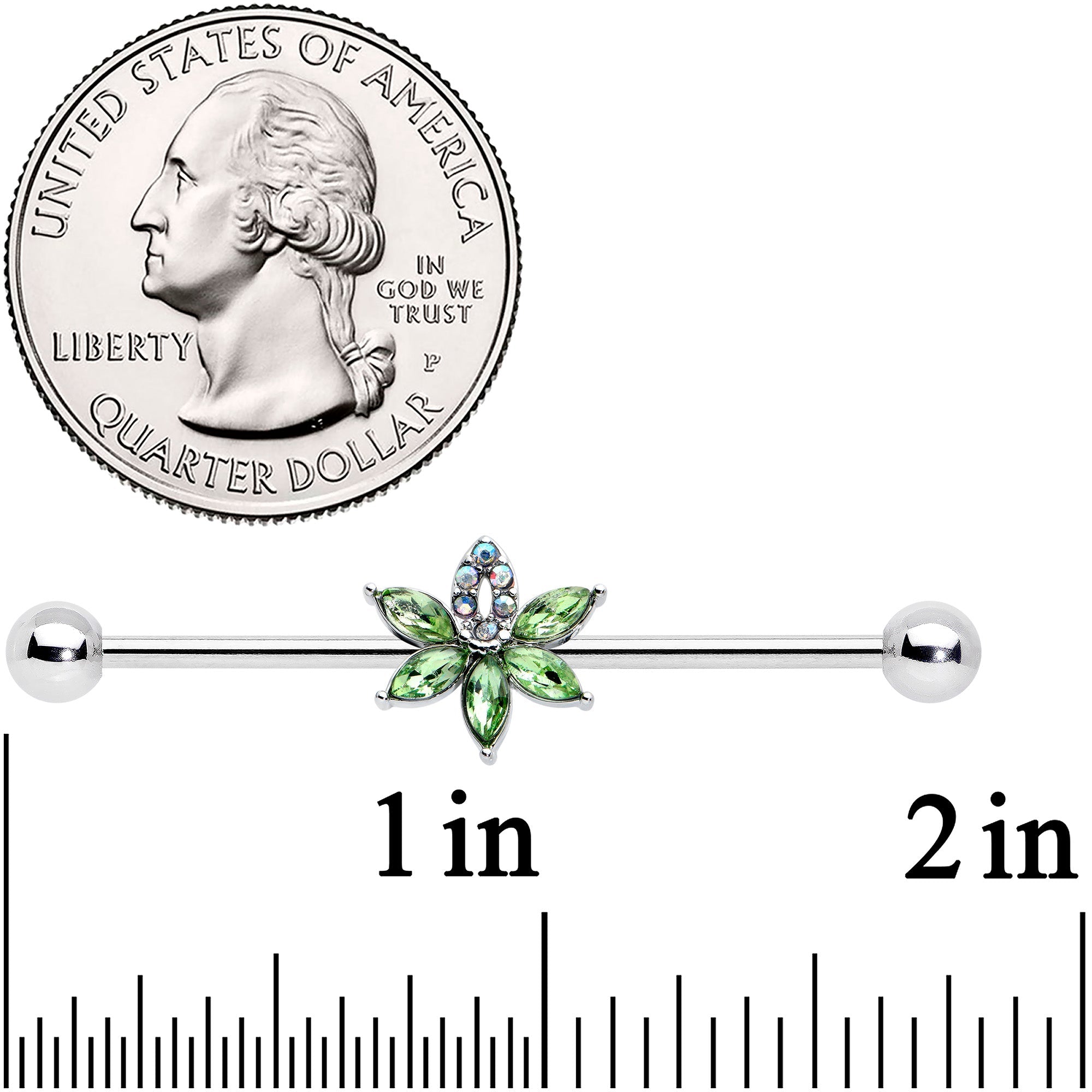 14G Aurora Green Gem Pot Leaf Industrial Barbell 38mm