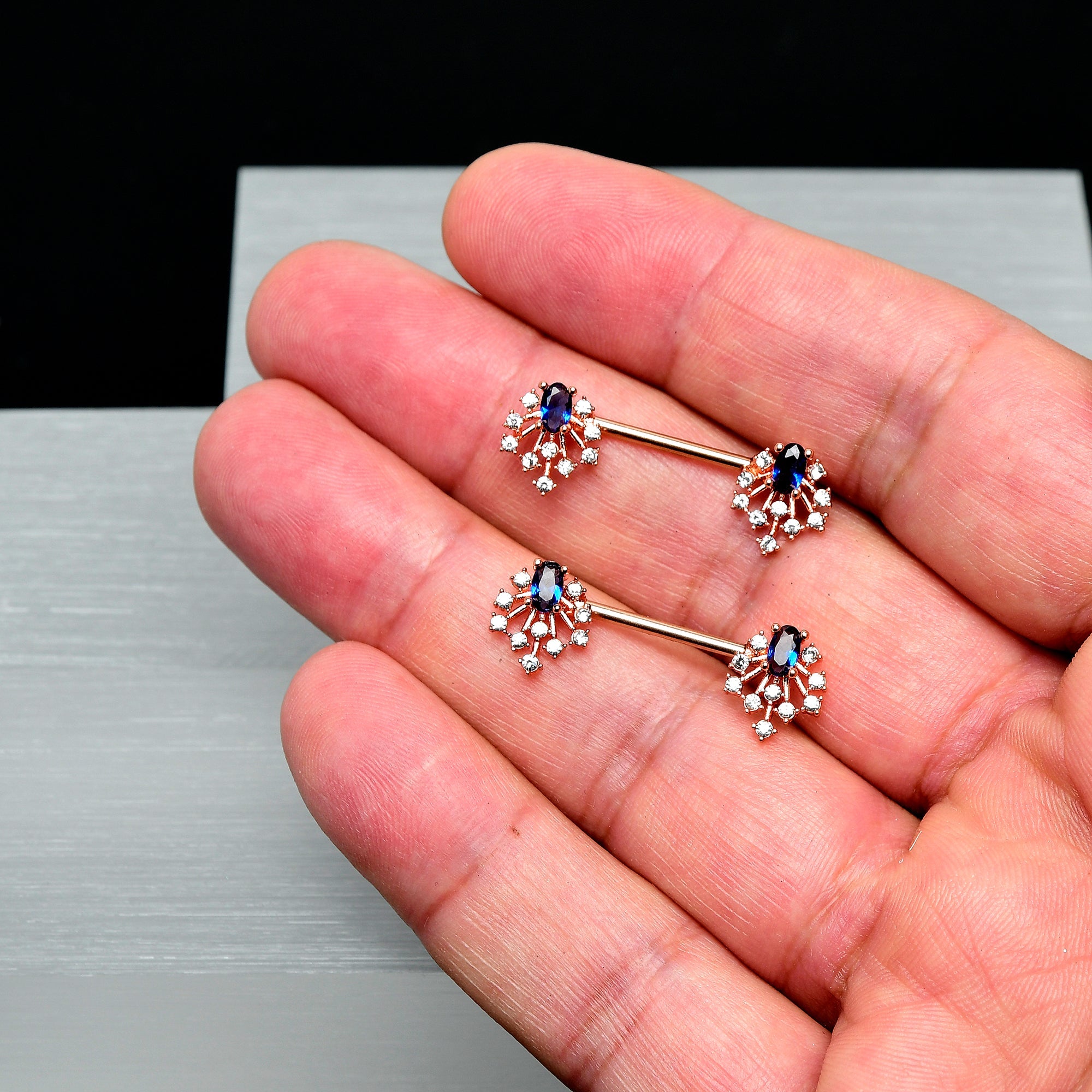 14G 9/16 Blue Gem Rosy Tone Glam Flare Barbell Nipple Ring Set