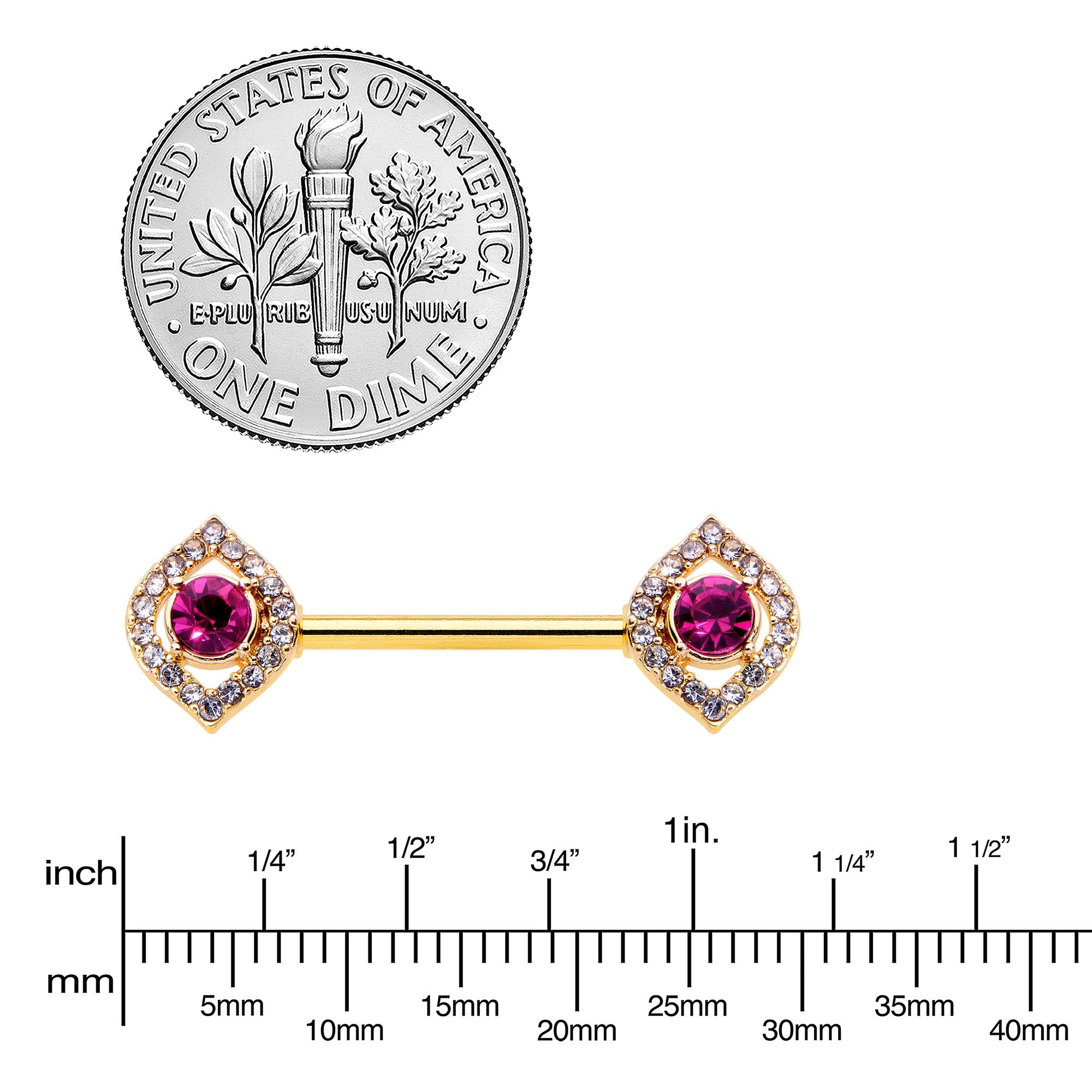 14G 9/16 Clear Pink Gem Gold Tone Open Eye Barbell Nipple Ring Set