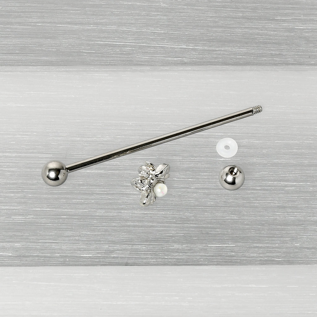 14G White Faux Opal Bee Beautiful Insect Industrial Barbell 38mm