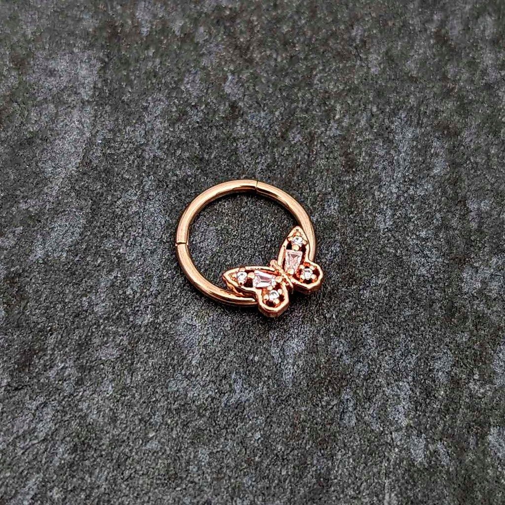 16G 3/8 Clear Gem Rosy Tone Baroque Butterfly Hinged Segment Ring