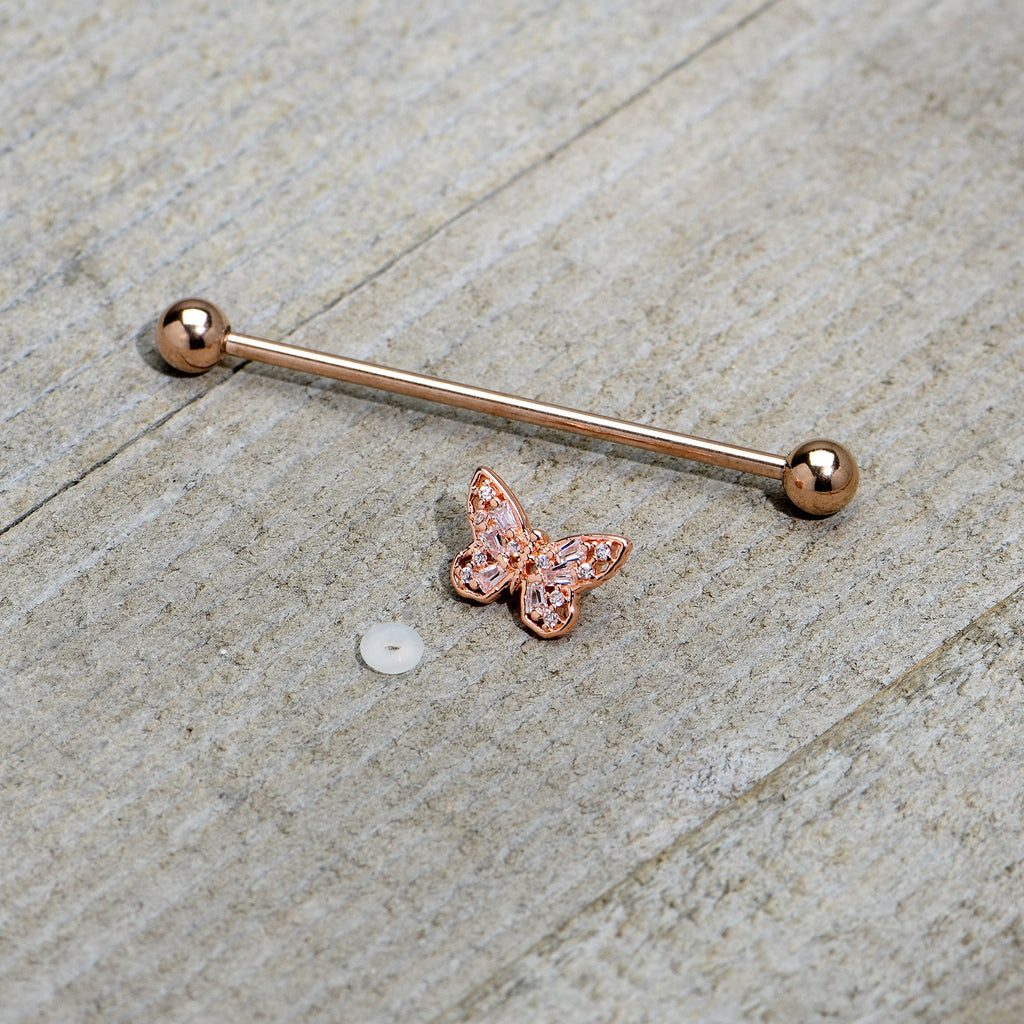 14G Clear Gem Rosy Tone Baroque Butterfly Industrial Barbell 38mm