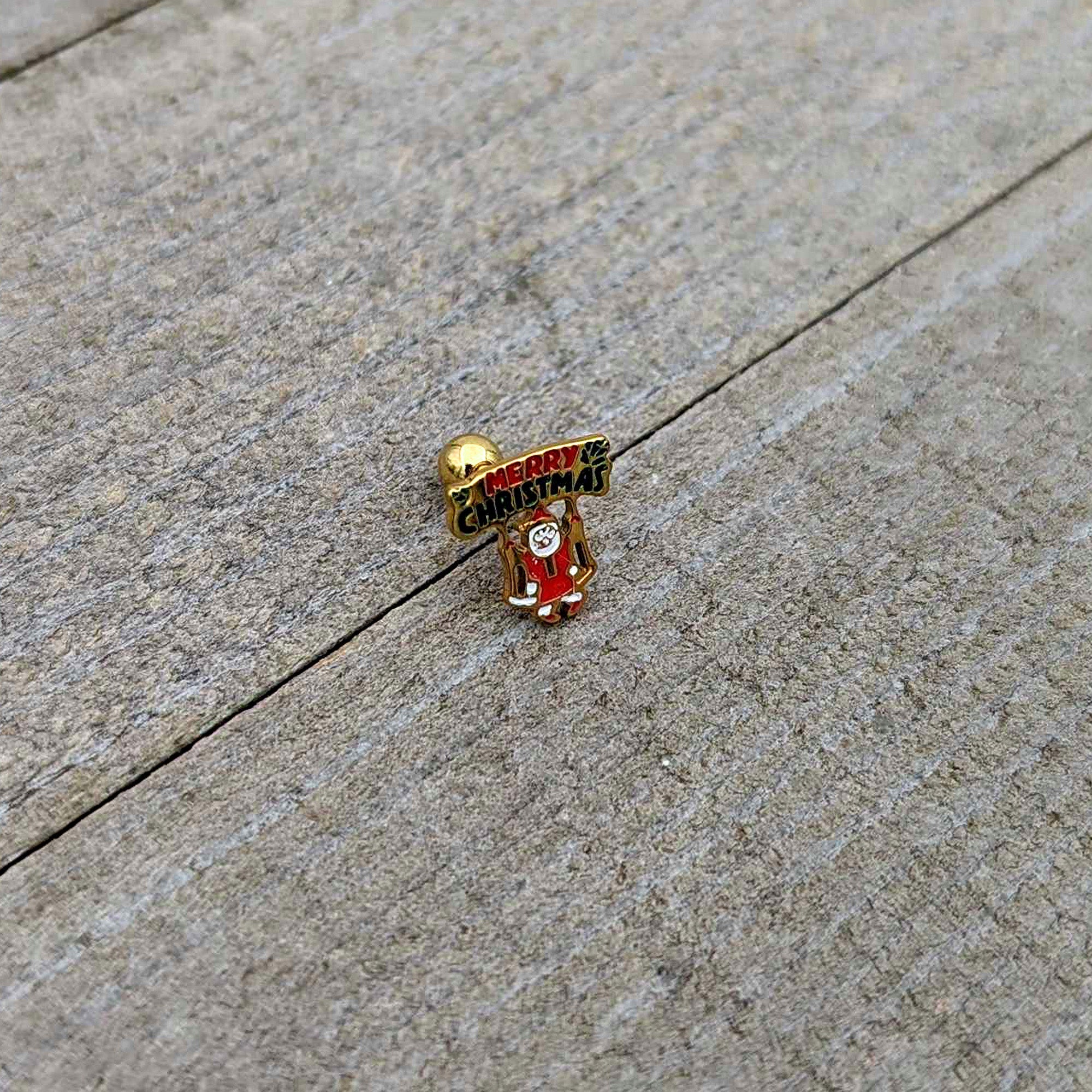 16G 1/4 Gold Tone Merry Christmas Santa Inlay Cartilage Earring