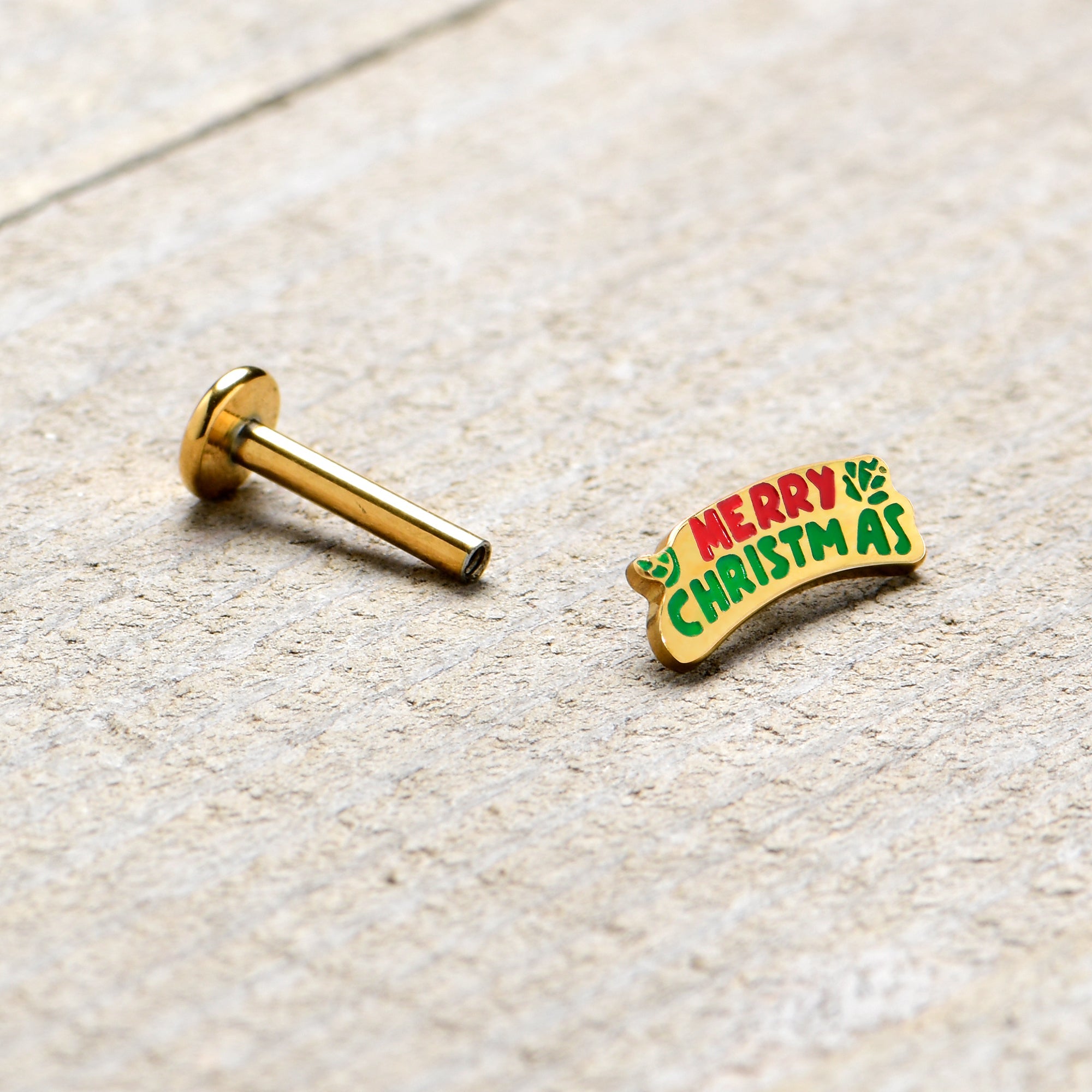 16G 5/16 Gold Tone Merry Christmas Inlaid Labret Monroe Tragus