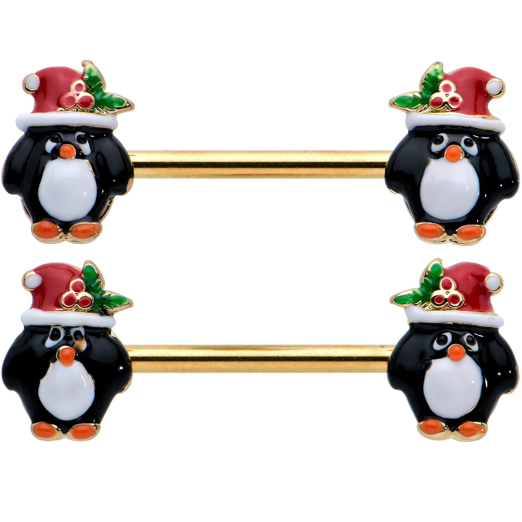 14G 9/16 Gold Tone Holly Hat Penguin Barbell Nipple Ring Set