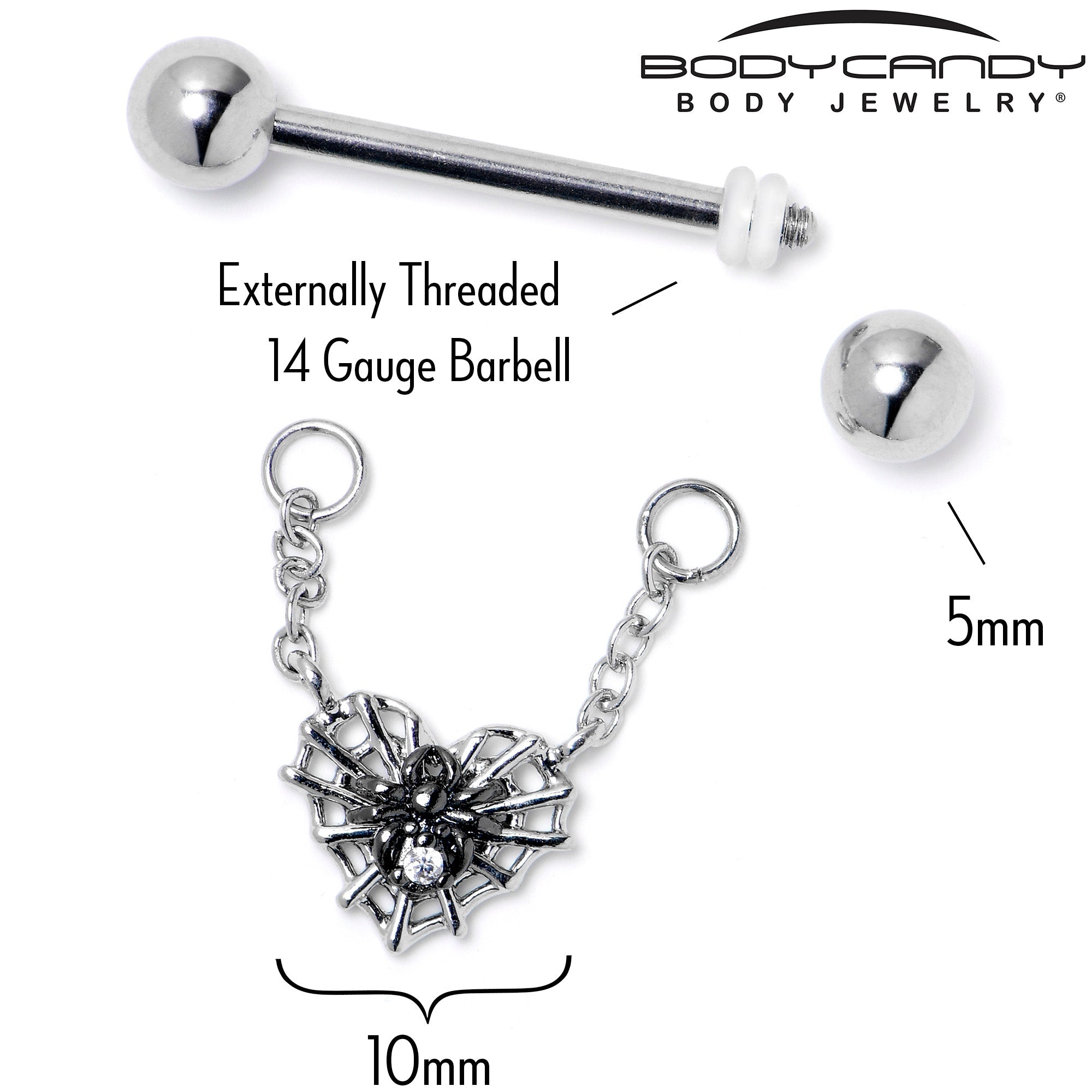 14G 9/16 Clear CZ Gem Heart of Spider Chain Dangle Nipple Ring Set