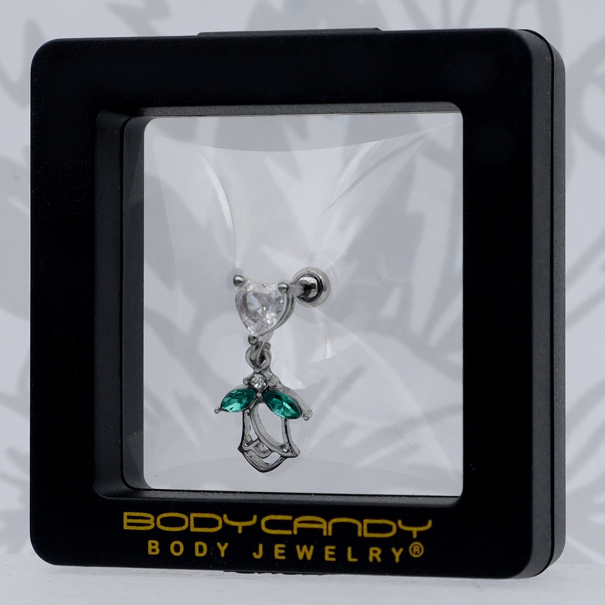 16G 1/4 Clear CZ Gem Heart And Rose Dangle Cartilage Earring