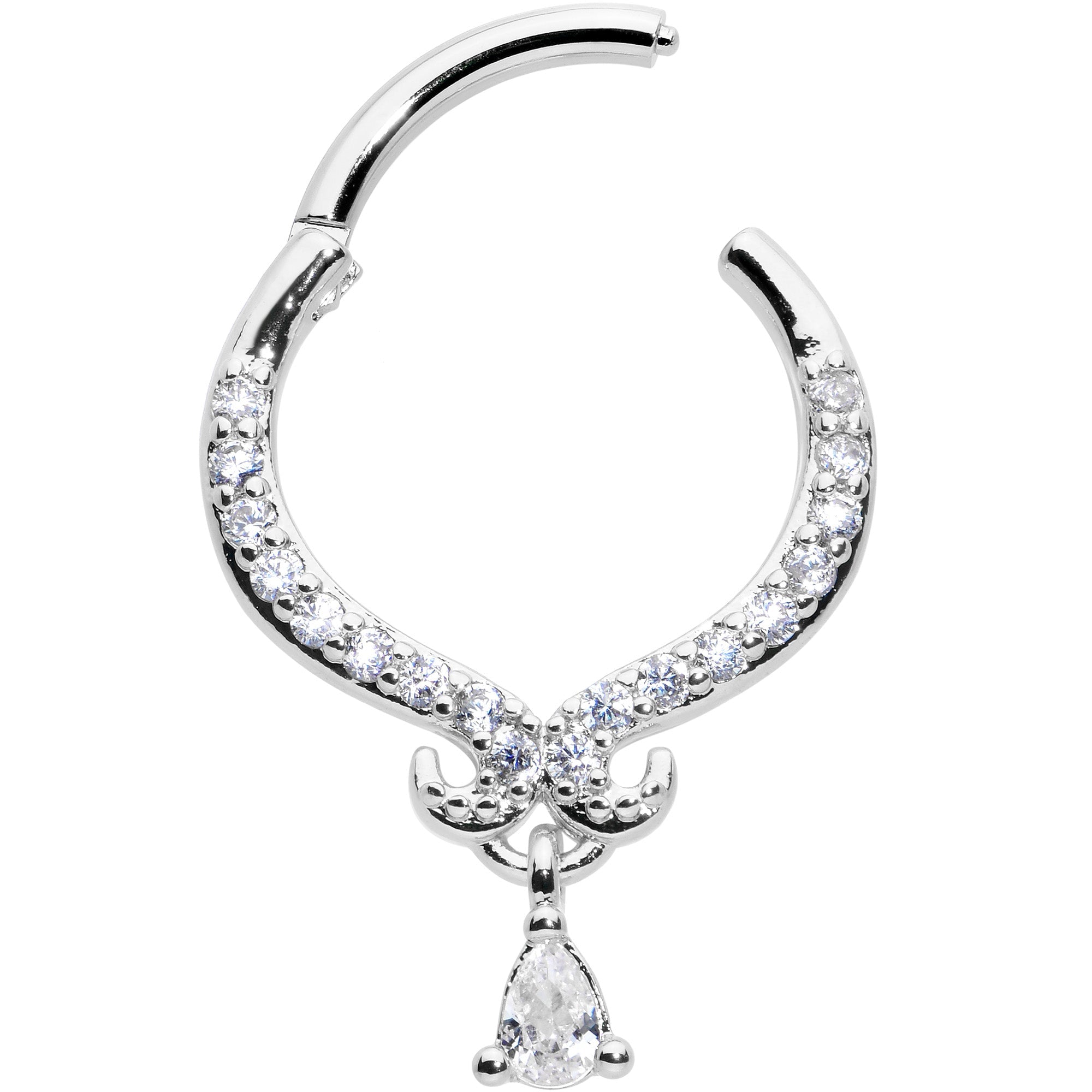 16G 3/8 Clear CZ Gem Elegant Curves Dangle Hinged Segment Ring