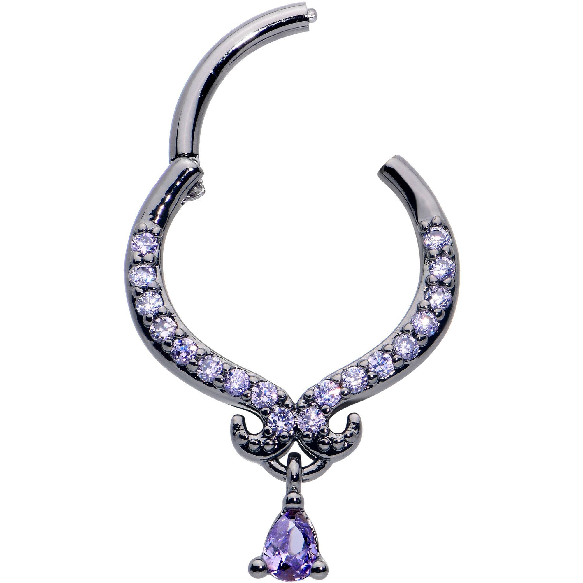 16G 3/8 Purple CZ Gem Black Elegant Curves Dangle Hinged Segment Ring