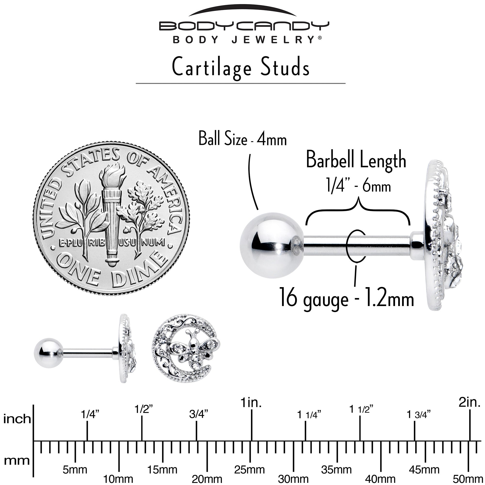 16G 1/4 Clear Gem Lunar Dragonfly Cartilage Tragus Earring