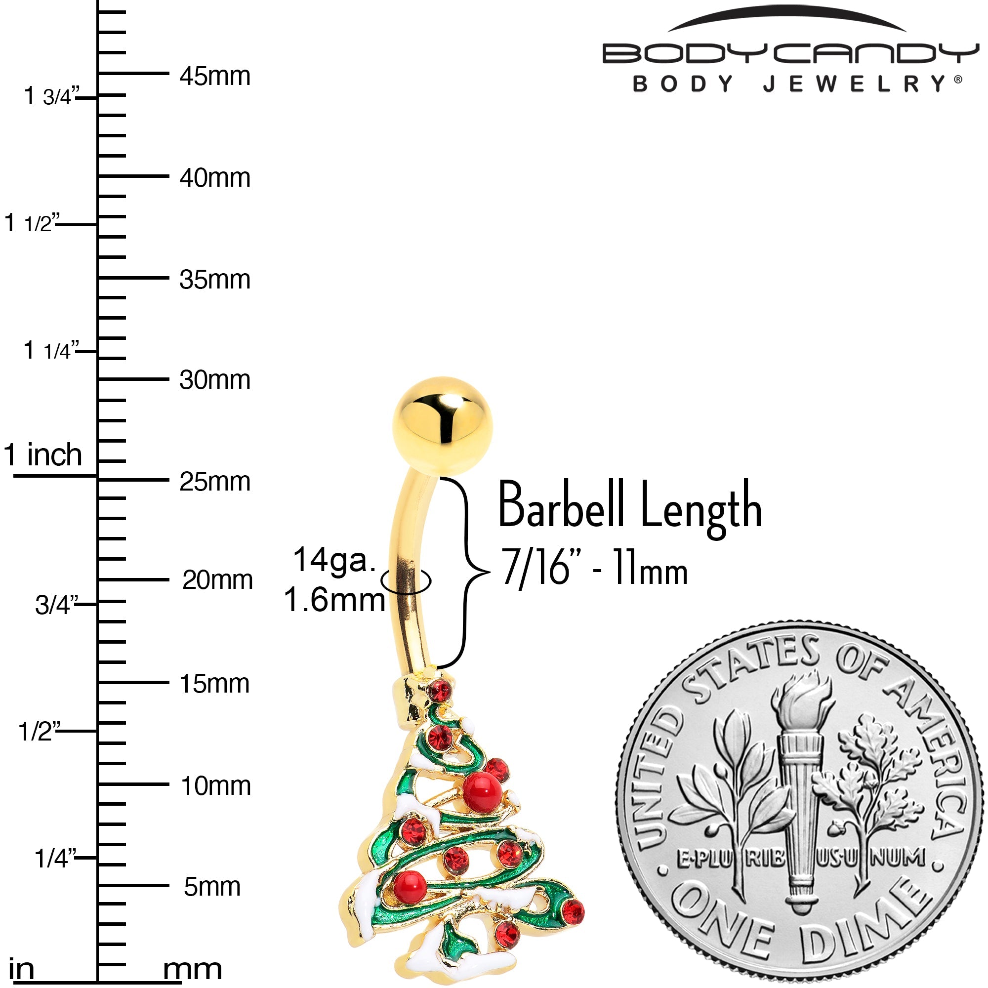 Red Gem Gold Tone Snowy Christmas Tree Holiday Belly Ring