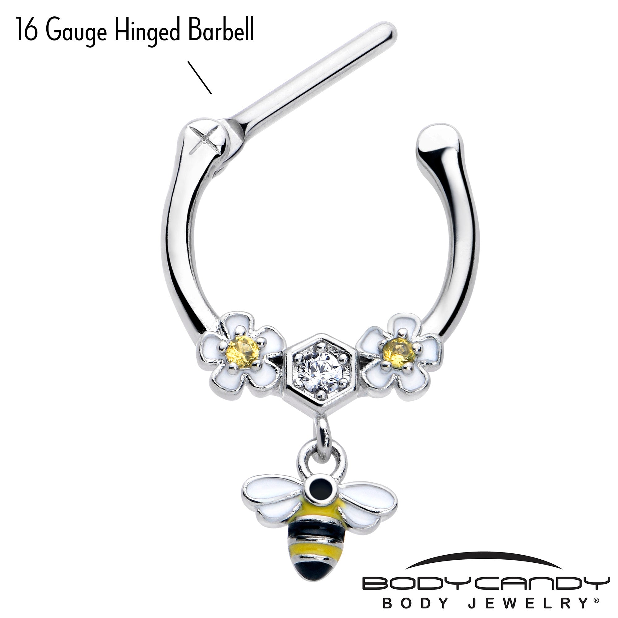 16G 5/16 Yellow CZ Gem Flower Bee Dangle Cartilage Clicker
