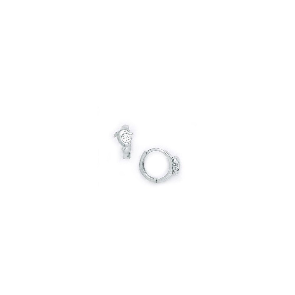 14k White Gold CZ Dolphin Huggy Earrings