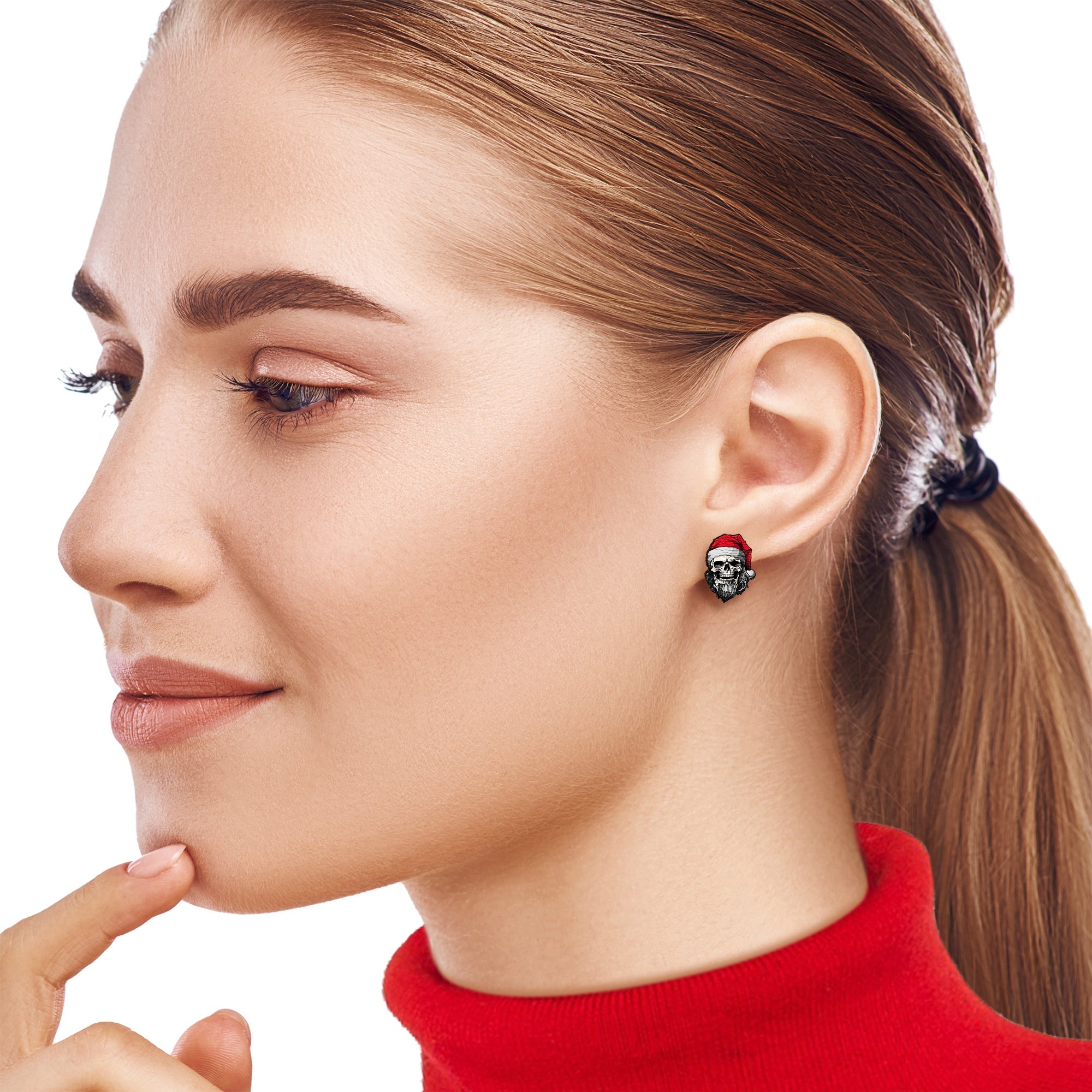 Handmade Wooden Skeleton Claus Holiday Christmas Stud Earrings by Onyx O