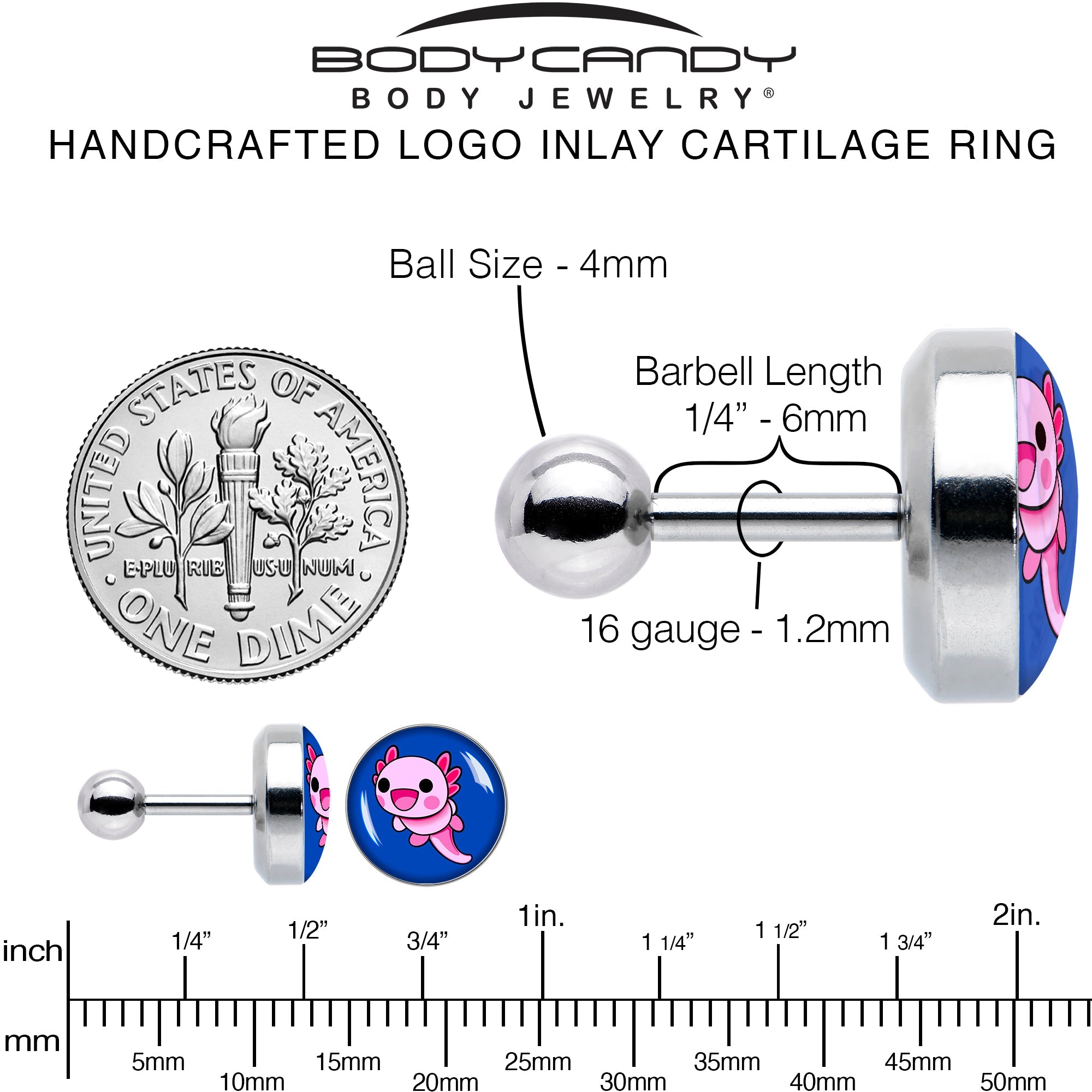16G 1/4 Adorable Axolotl Cartilage Tragus Earring by Onyx O