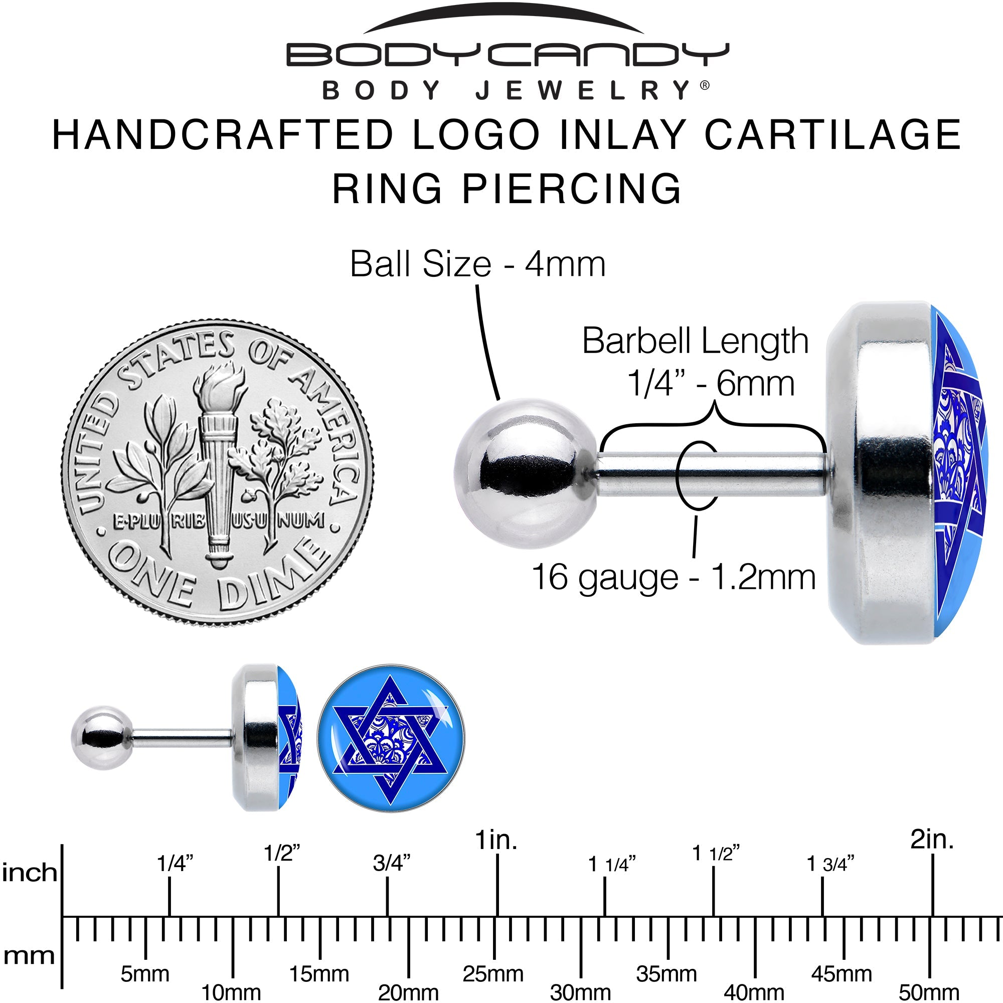 16G 1/4 Floral Star of David Tragus Cartilage Earring by Onyx O