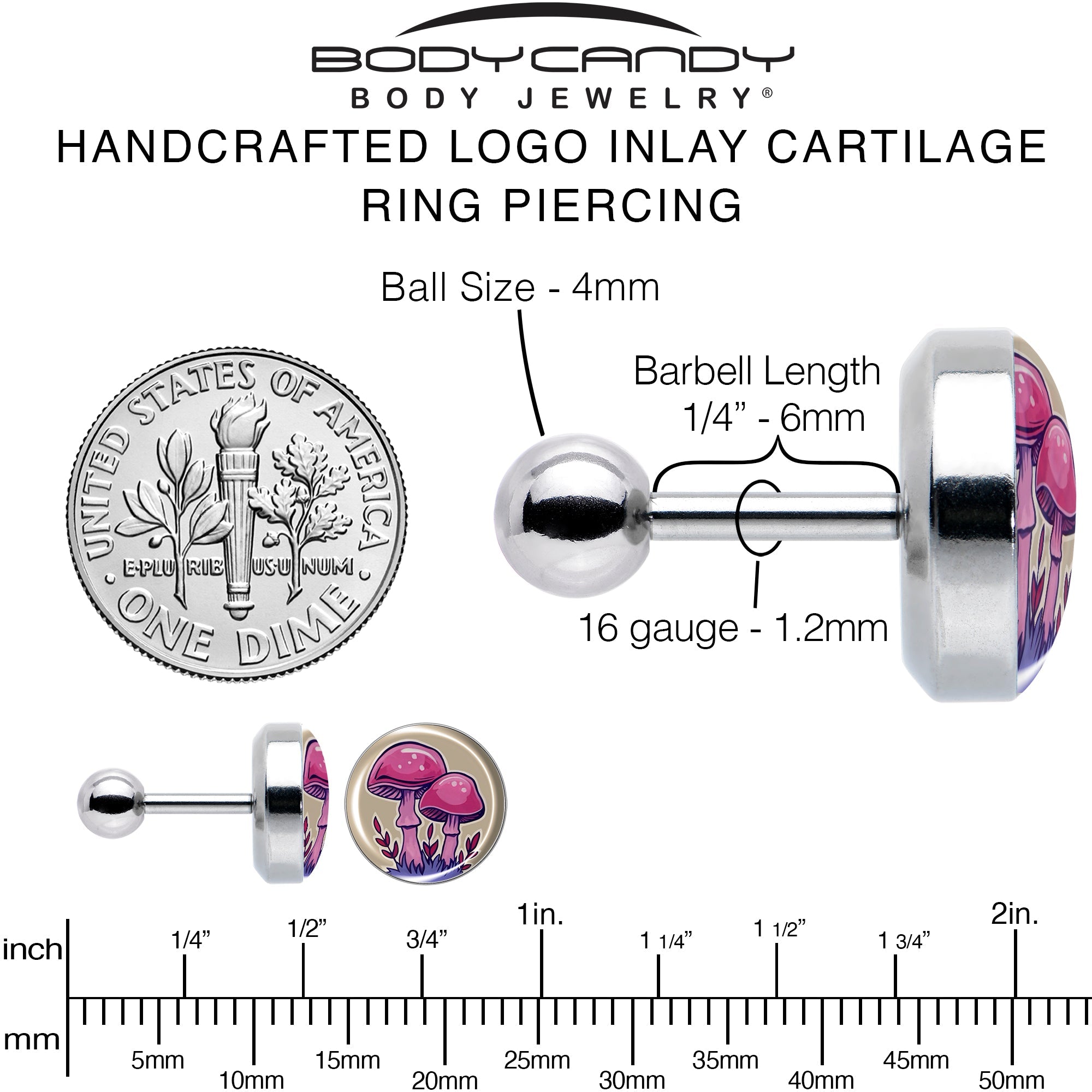 16G 1/4 Artist Drawn Pink Mushrooms Tragus Cartilage Earring by Onyx O