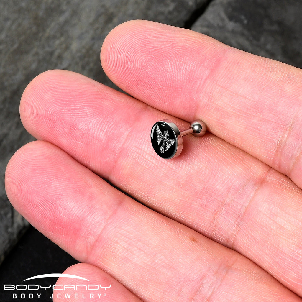 16G 1/4 Black White Winged Cross Tragus Cartilage Earring by Onyx O