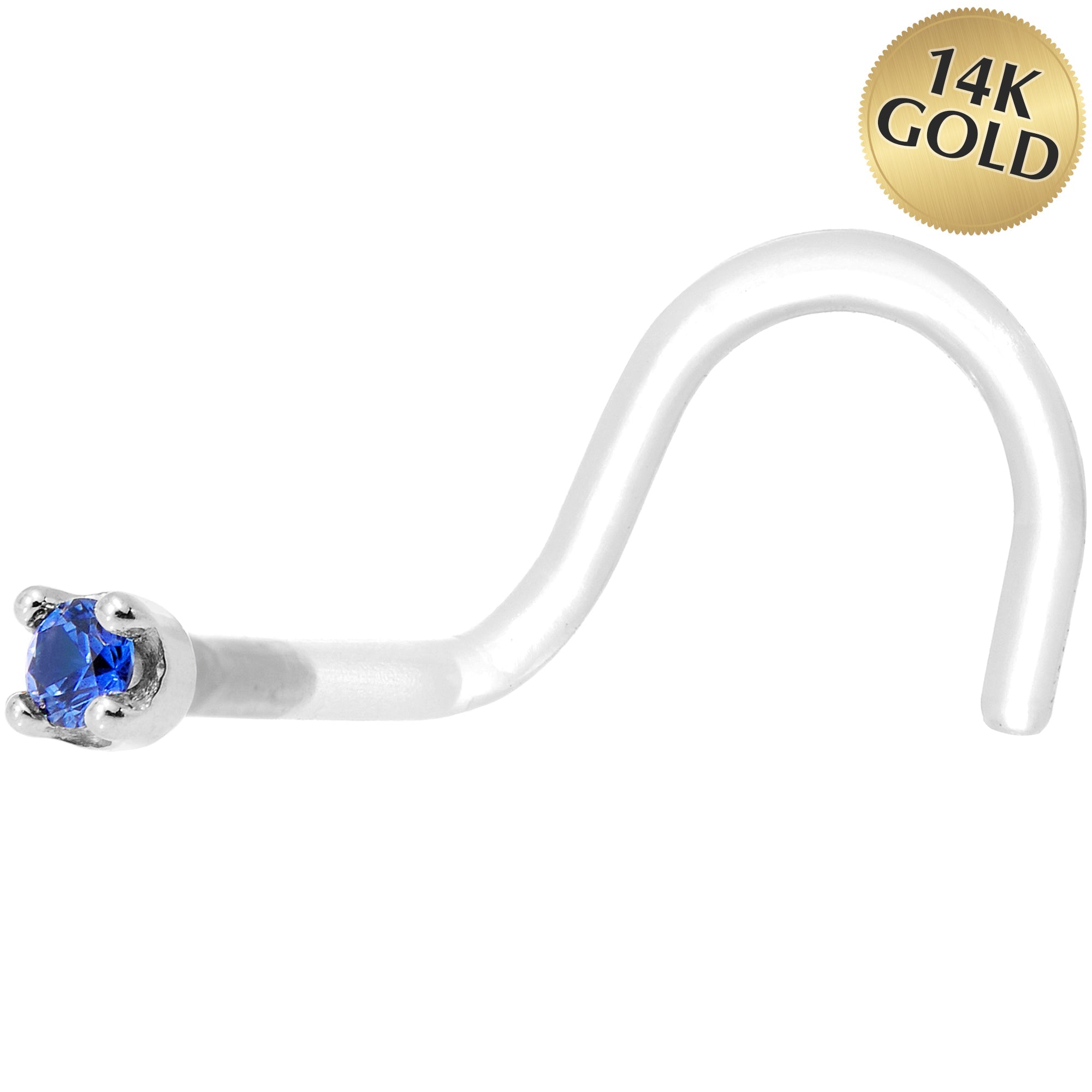 18G 1/4 White Gold 1.5mm Genuine Blue Sapphire Bioplast Nose Ring