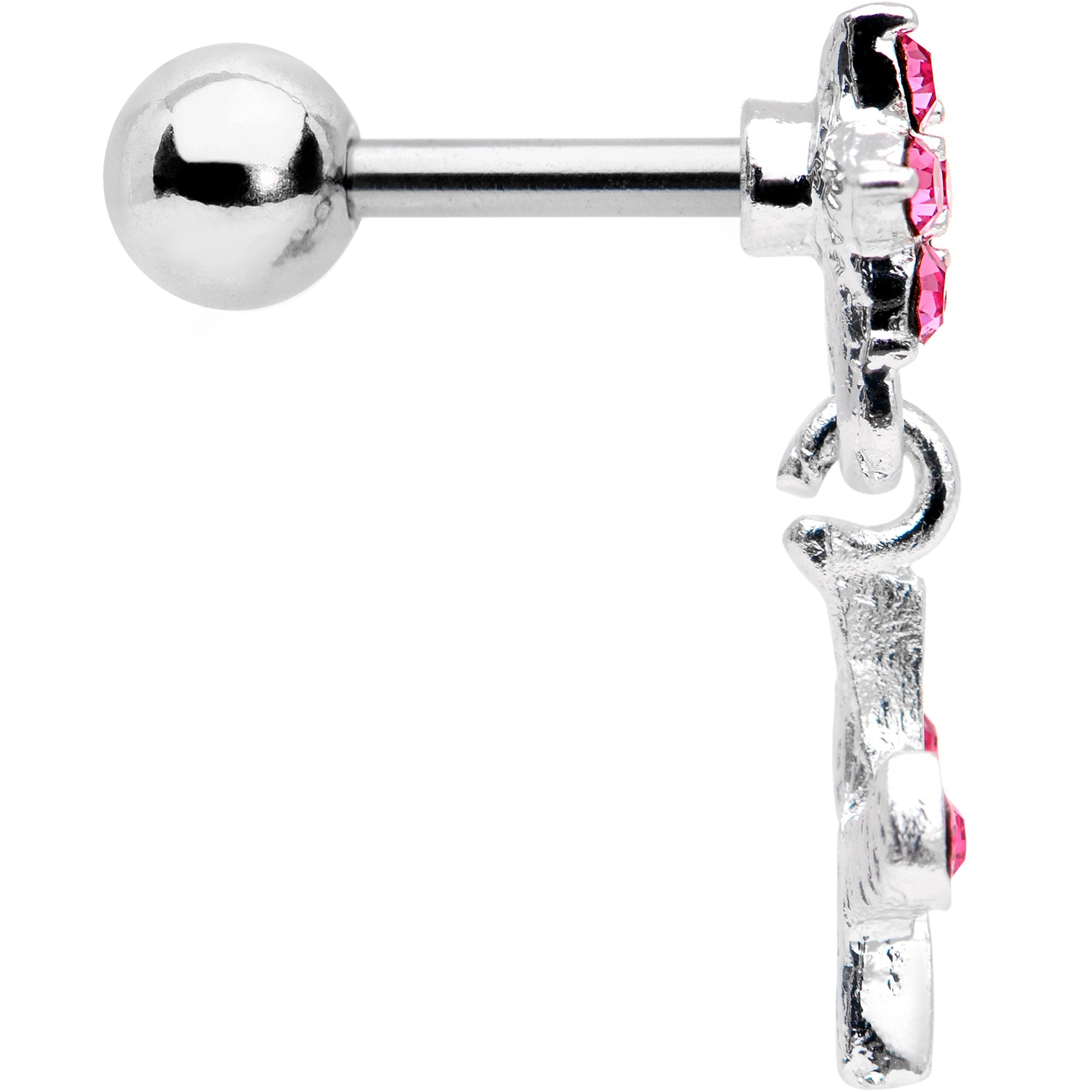 16G 1/4 Pink Gem  Flower Dangle Cartilage Tragus Earring