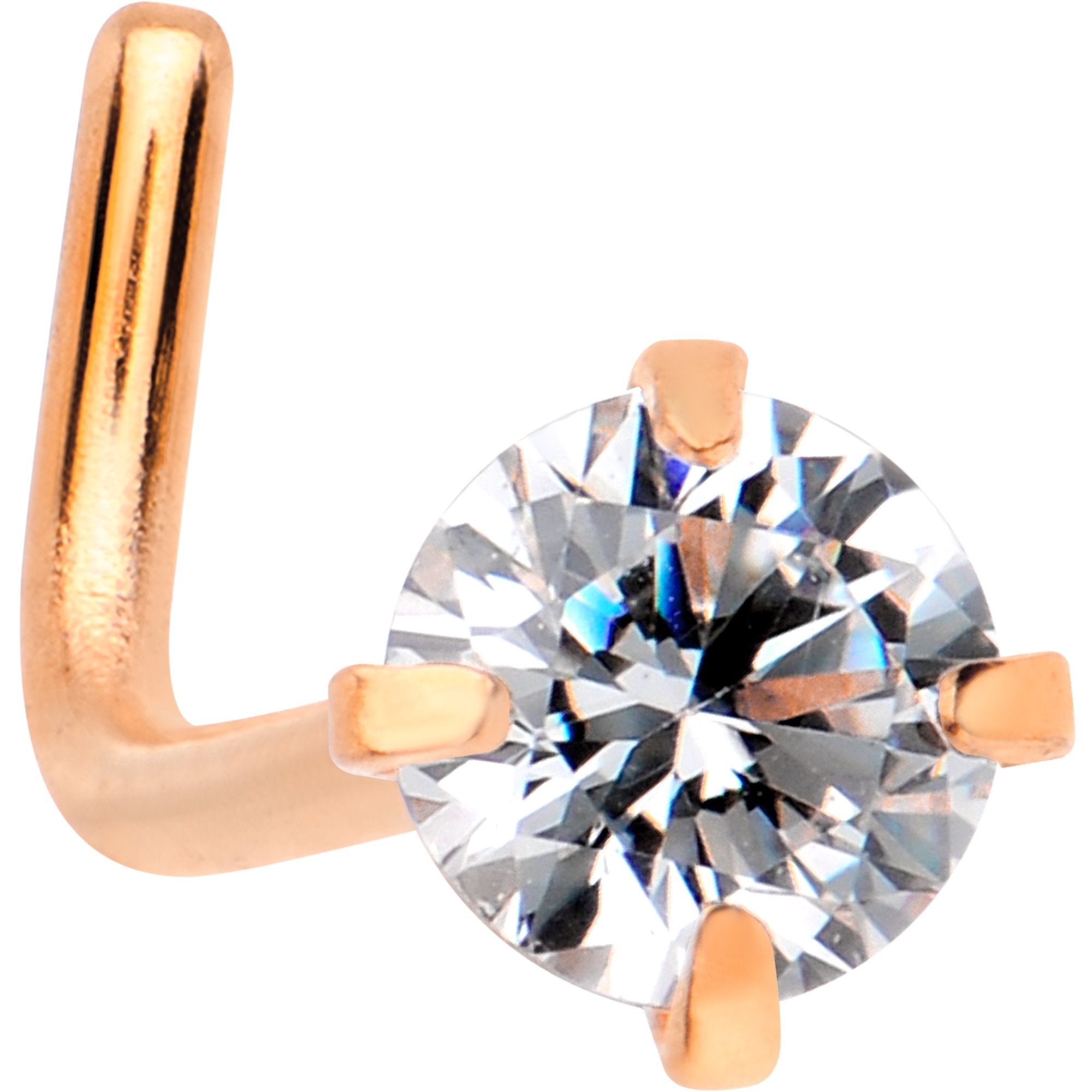 20G 1/4 Clear 3mm CZ Gem Rose Gold IP L-Shape Nose Ring