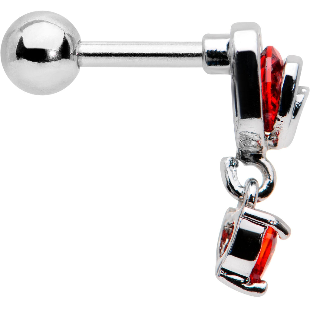16G 1/4 Red CZ Gem Triple Heart Dangle Cartilage Tragus Earring